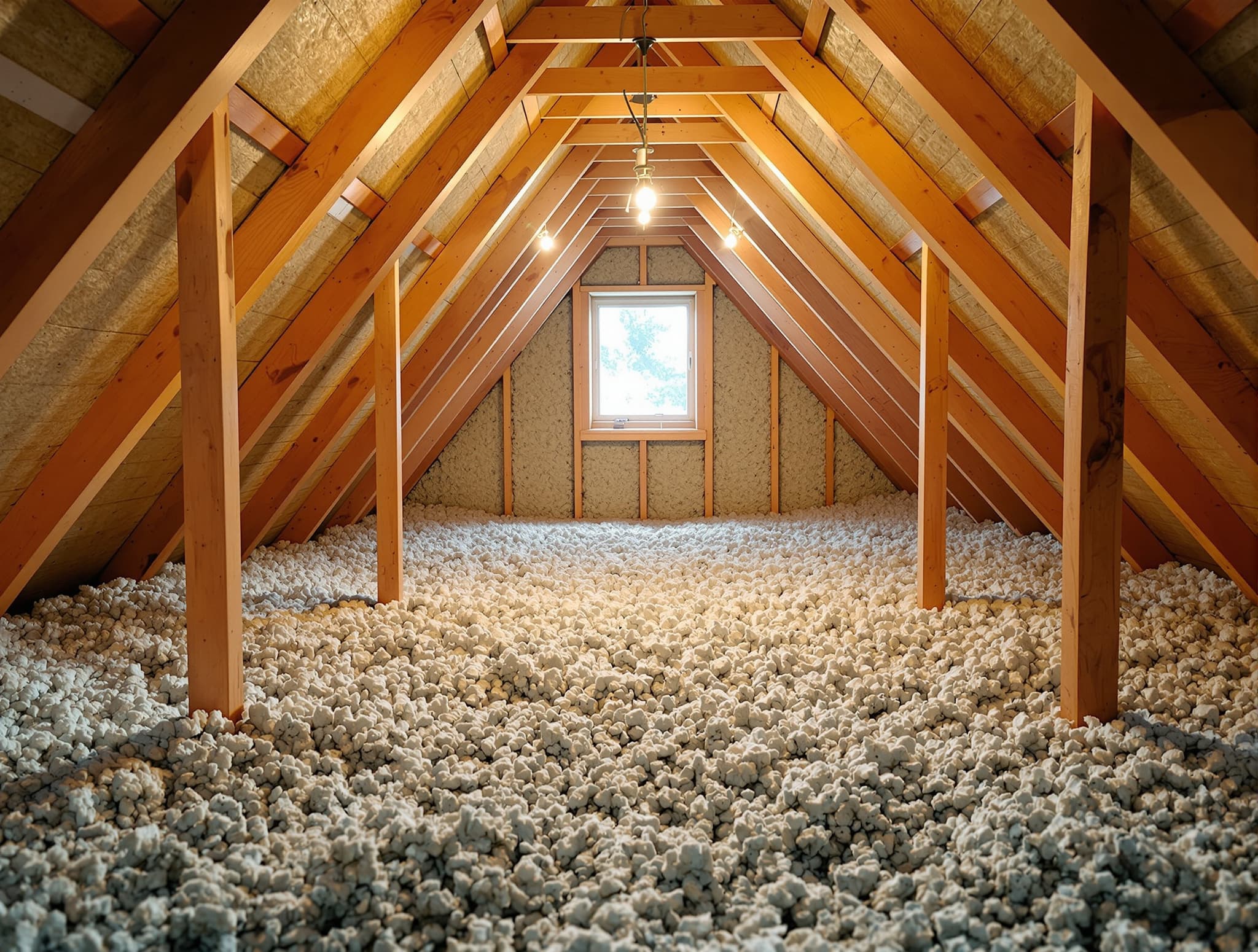 An attic floor covered with a deep layer of blown-in cellulose insulation