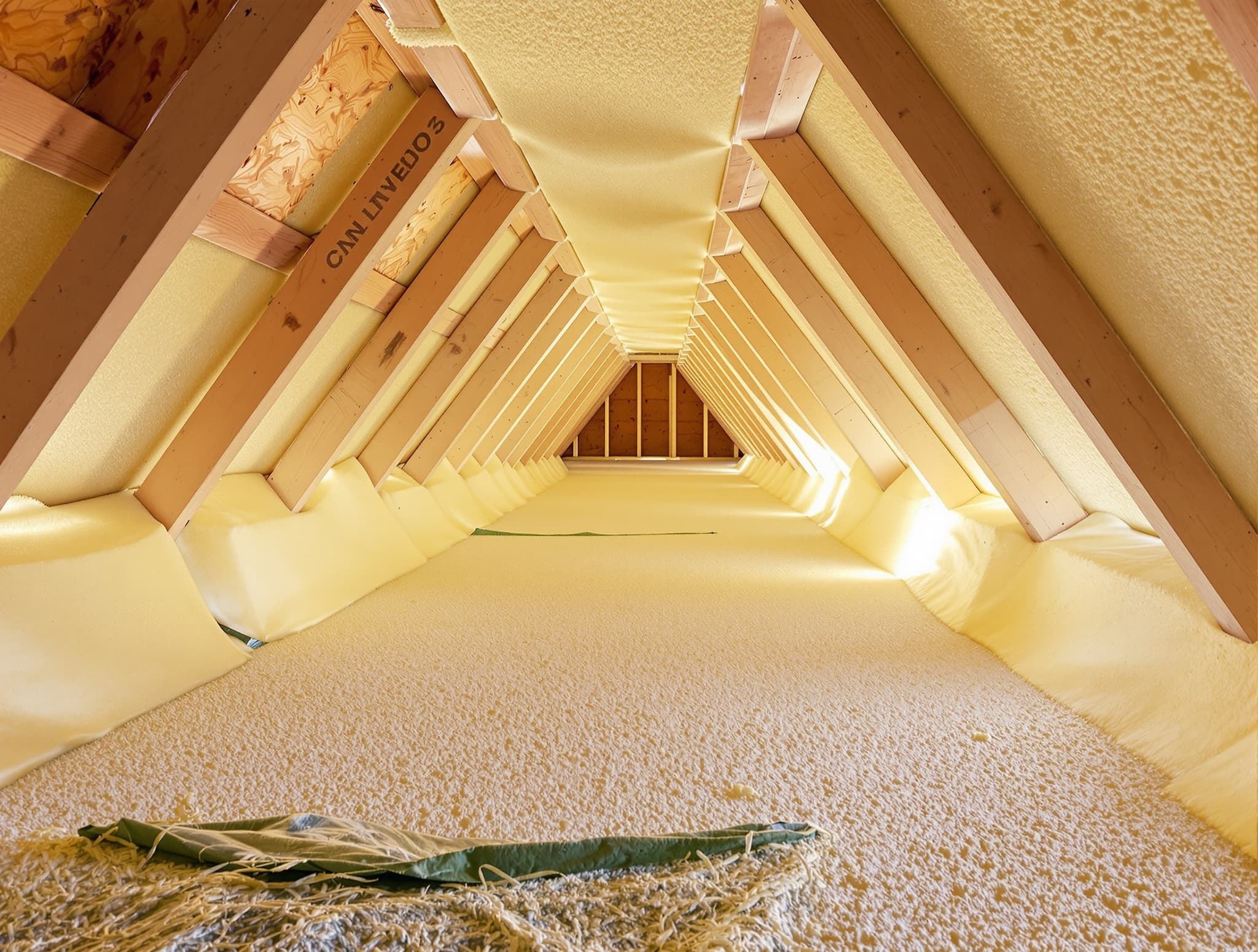Open-cell spray foam insulation sprayed between attic rafters