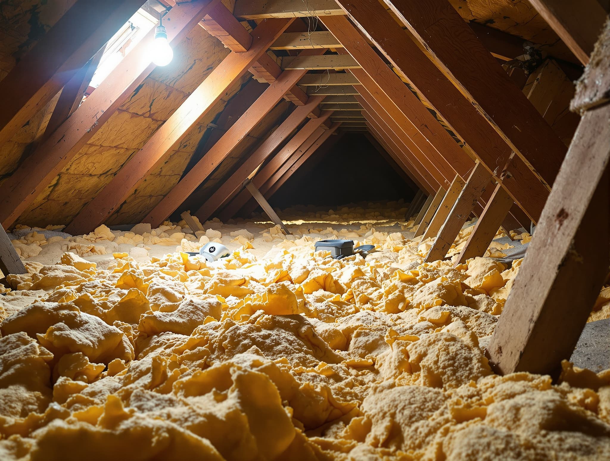 Levittown cape attic with settled R-11 fiberglass before retrofit