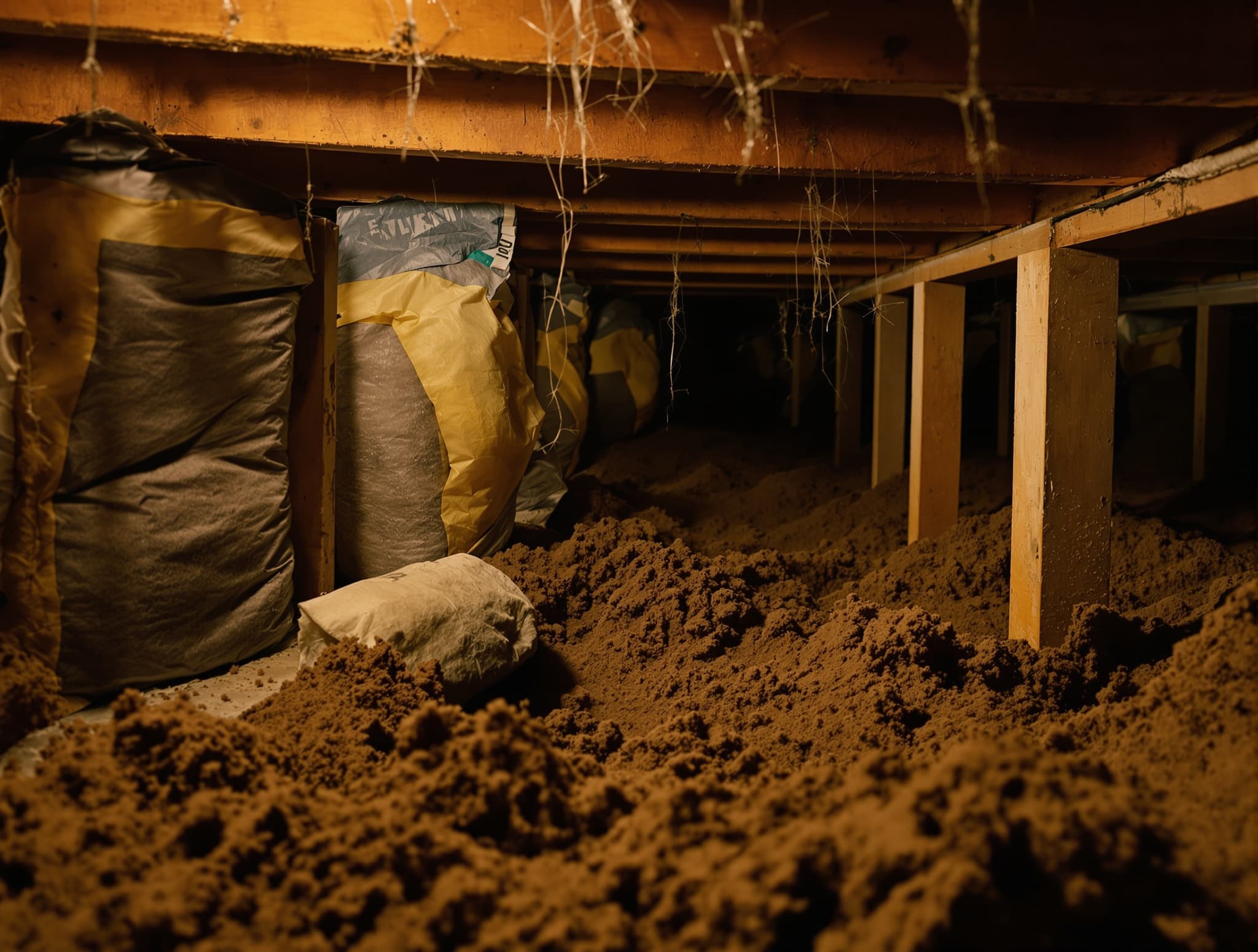 Suffolk hi-ranch crawl space with damp dirt floor and exposed joists